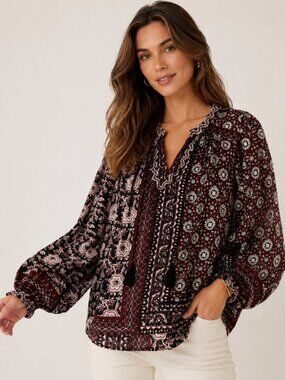 Elie Tahari Burgundy Black Floral Print Tassel Split Neck Blouse Bohemian Medium
